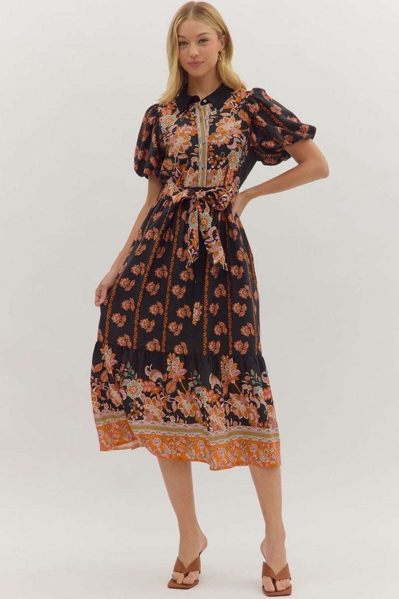 BOTANICAL MIDI DRESS- BLACK