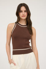 CONTRAST TRIM KNIT HALTER- BROWN