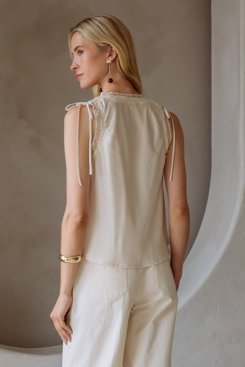 S/L SATIN LACE TRIM TOP- CREAM