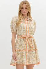 FLORAL EYELET CONSTRAST TRIM DRESS- GOLD/CITRUS
