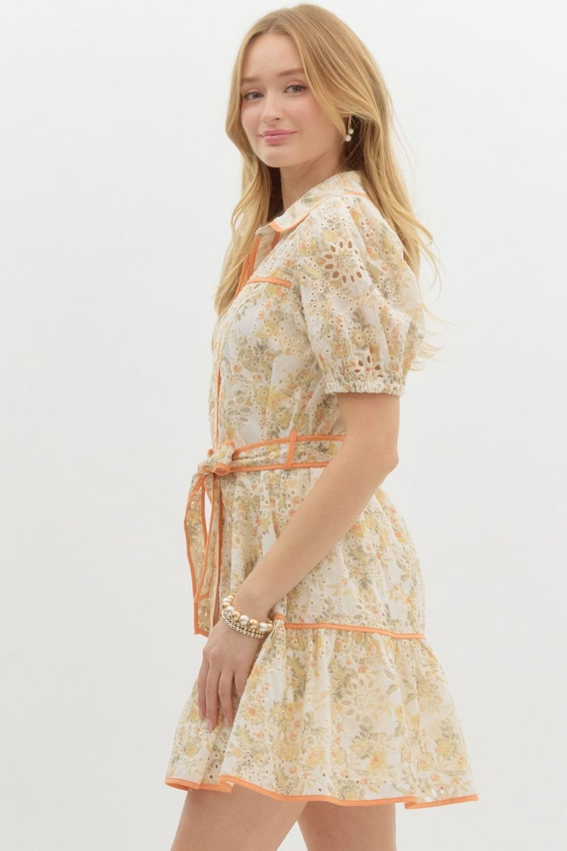 FLORAL EYELET CONSTRAST TRIM DRESS- GOLD/CITRUS
