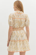 FLORAL EYELET CONSTRAST TRIM DRESS- GOLD/CITRUS