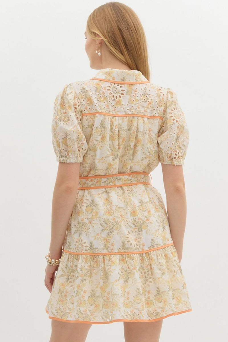 FLORAL EYELET CONSTRAST TRIM DRESS- GOLD/CITRUS