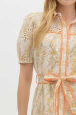 FLORAL EYELET CONSTRAST TRIM DRESS- GOLD/CITRUS