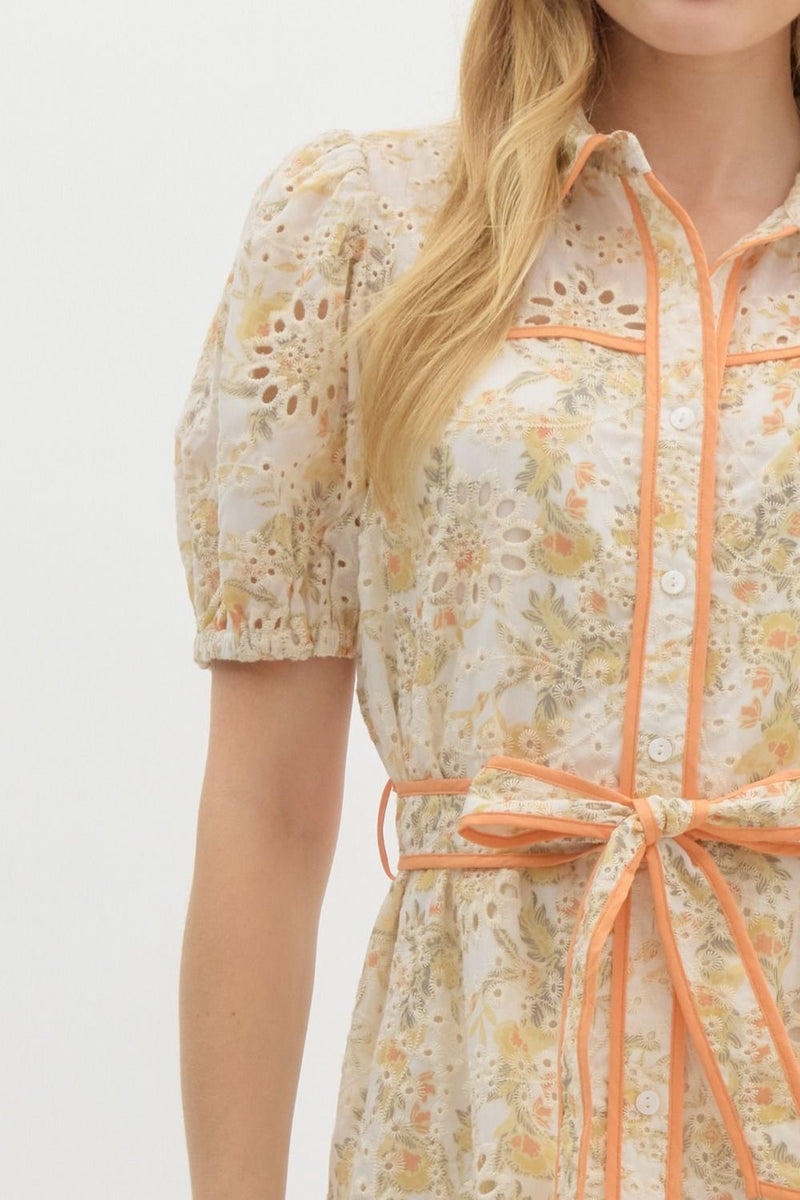 FLORAL EYELET CONSTRAST TRIM DRESS- GOLD/CITRUS