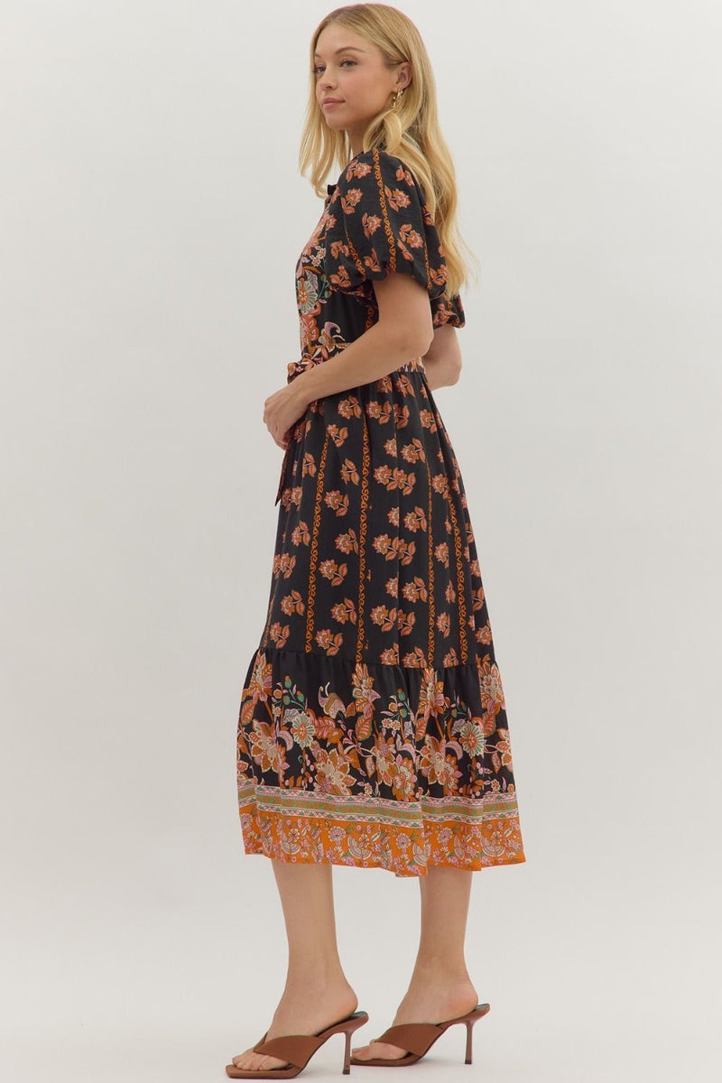 BOTANICAL MIDI DRESS- BLACK