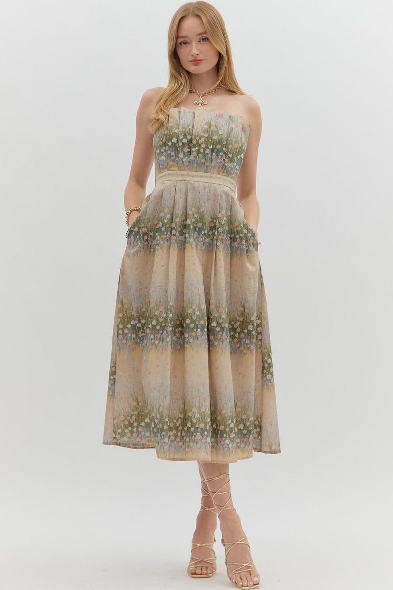 BAYOU FLORAL PLEATED STRAPLESS DRESS- MULTI GREEN