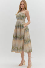 BAYOU FLORAL PLEATED STRAPLESS DRESS- MULTI GREEN