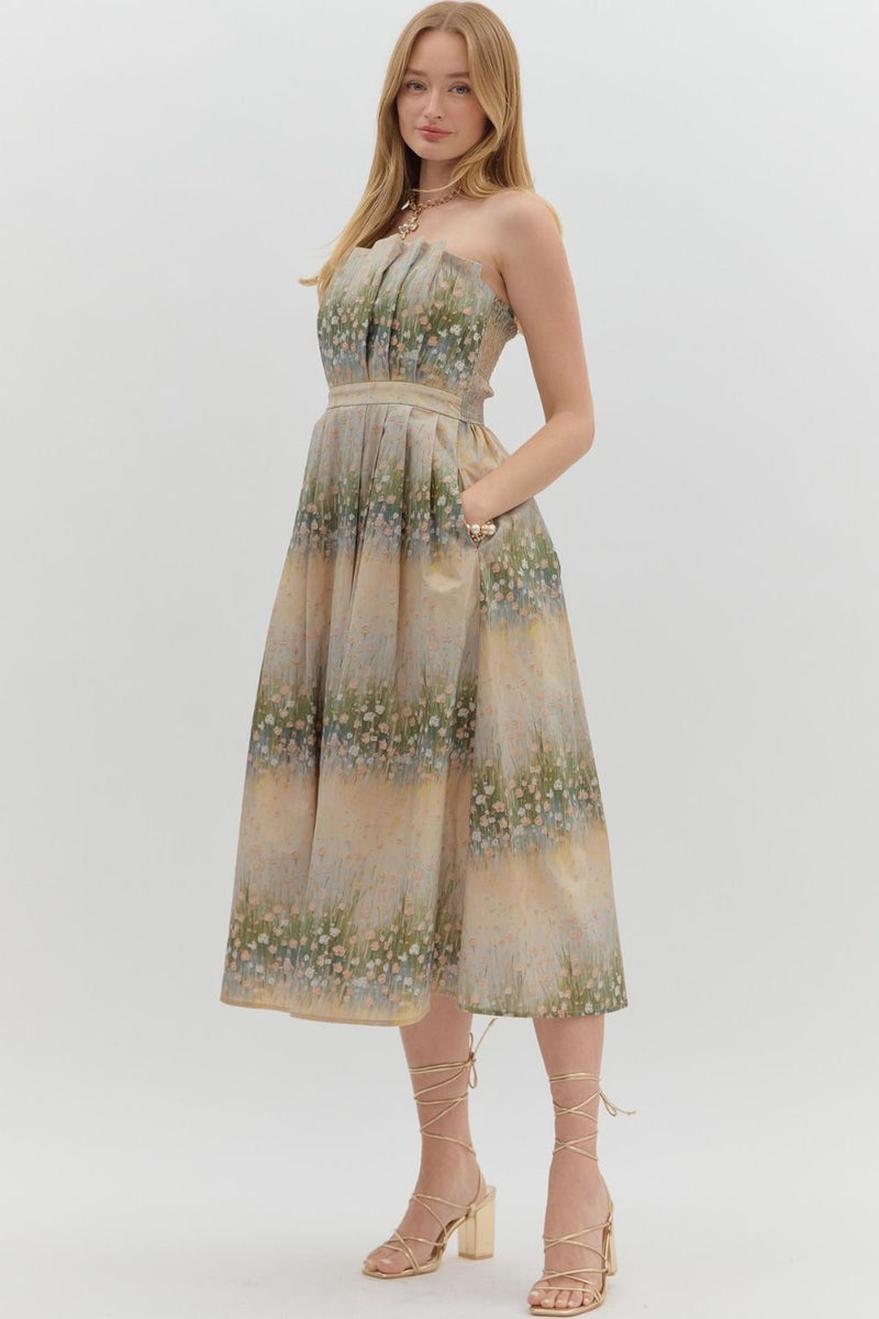 BAYOU FLORAL PLEATED STRAPLESS DRESS- MULTI GREEN