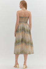 BAYOU FLORAL PLEATED STRAPLESS DRESS- MULTI GREEN