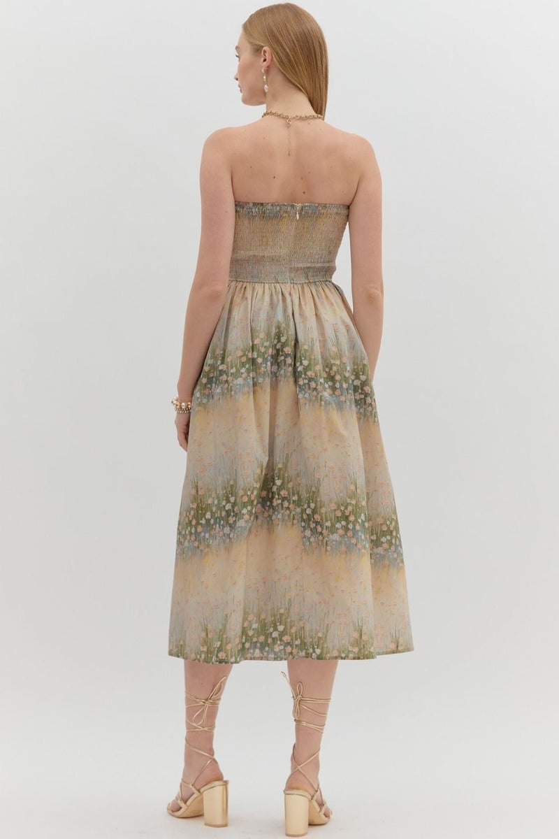 BAYOU FLORAL PLEATED STRAPLESS DRESS- MULTI GREEN