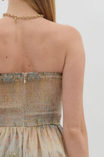 BAYOU FLORAL PLEATED STRAPLESS DRESS- MULTI GREEN