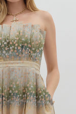 BAYOU FLORAL PLEATED STRAPLESS DRESS- MULTI GREEN