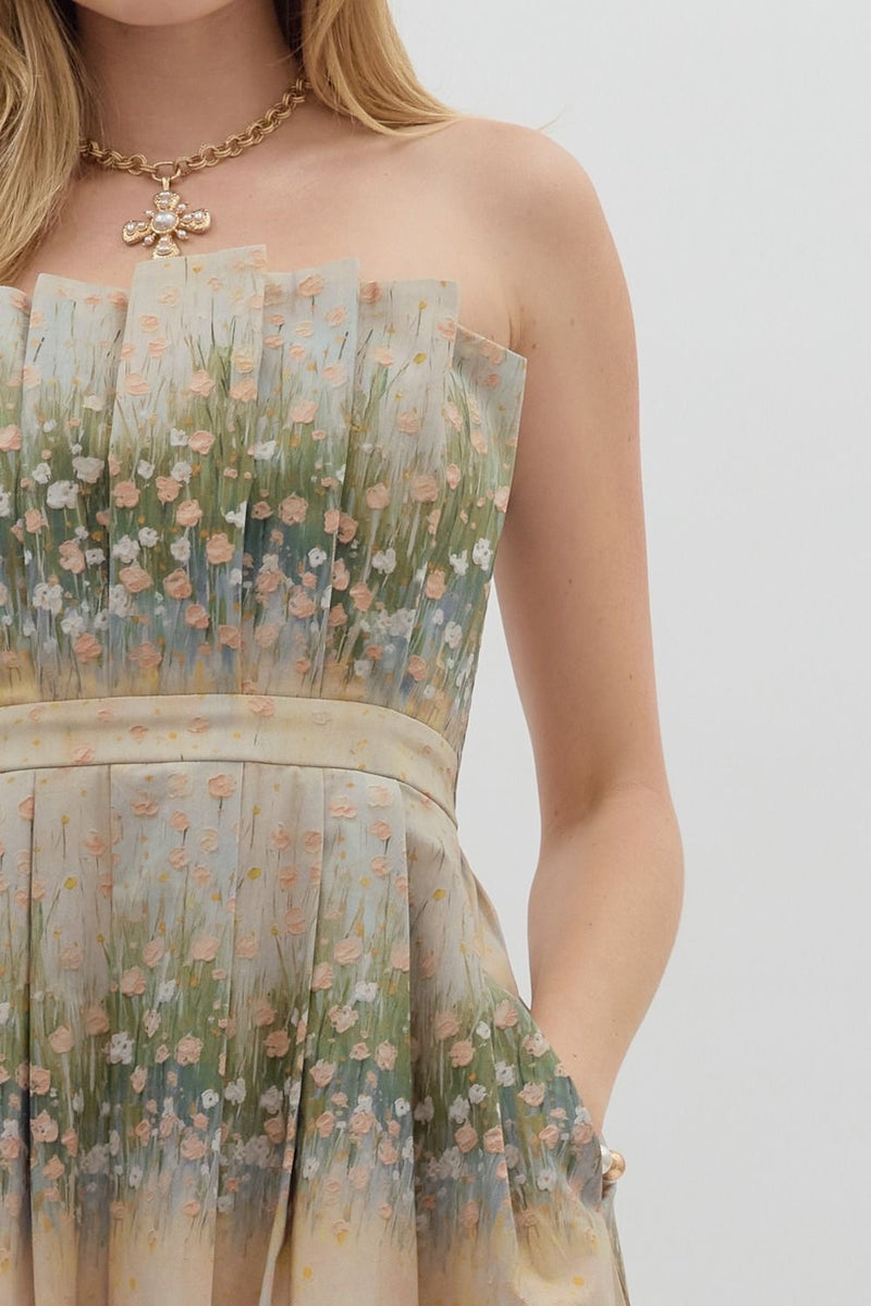 BAYOU FLORAL PLEATED STRAPLESS DRESS- MULTI GREEN