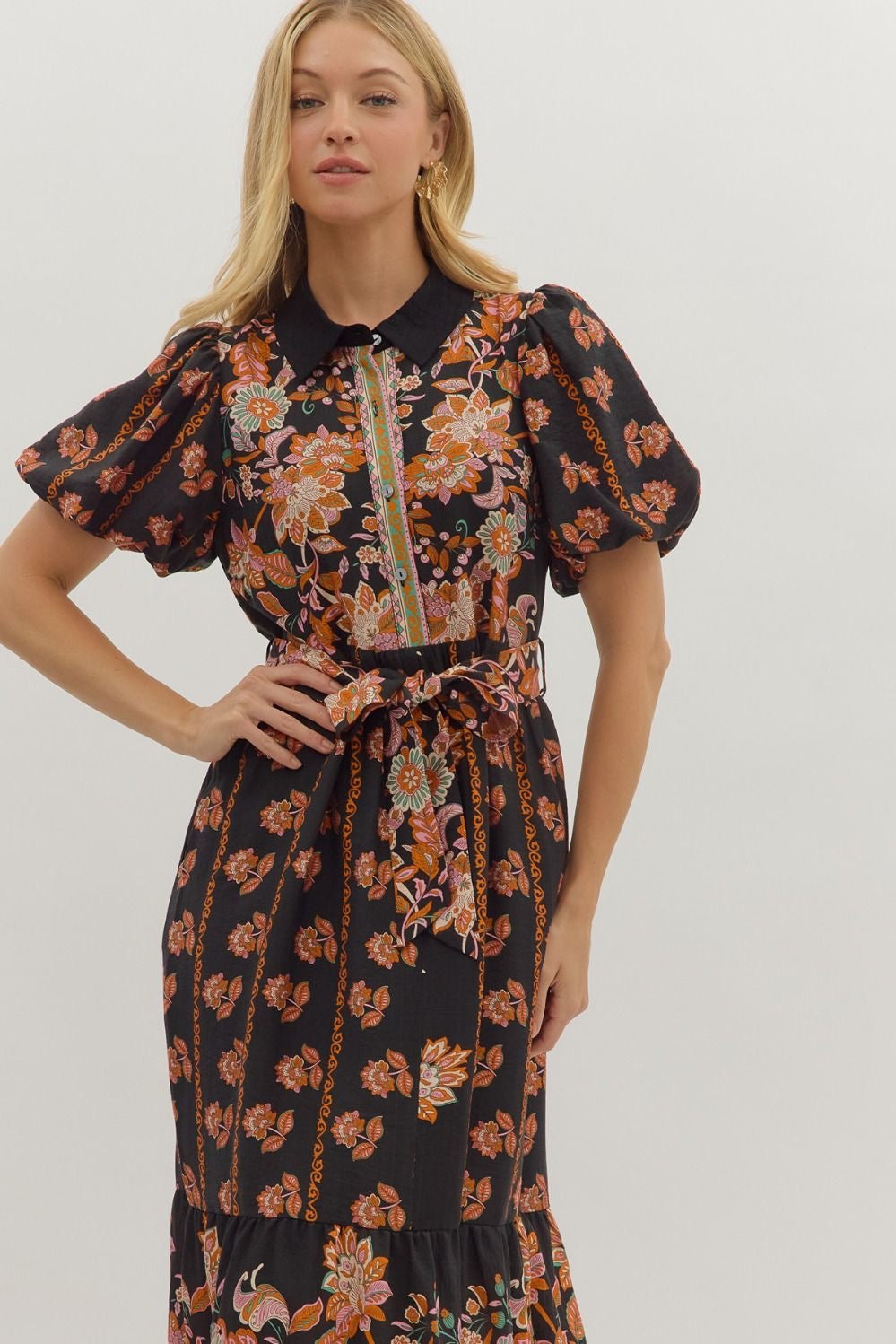 BOTANICAL MIDI DRESS- BLACK