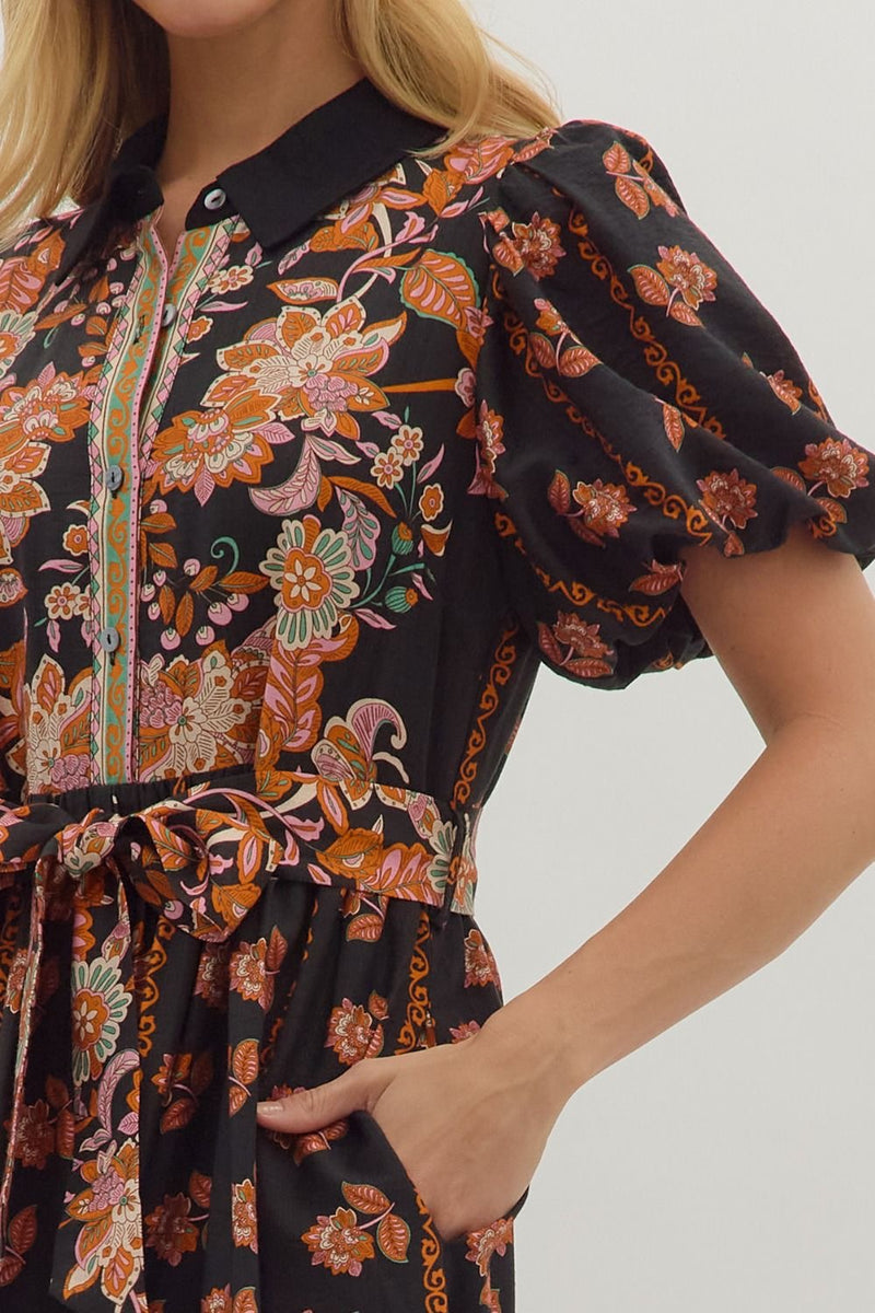 BOTANICAL MIDI DRESS- BLACK