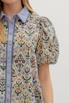 DIAMOND FLORAL BUBBLE SLEEVE TOP- BLUE