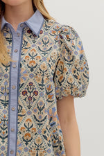 DIAMOND FLORAL BUBBLE SLEEVE TOP- BLUE