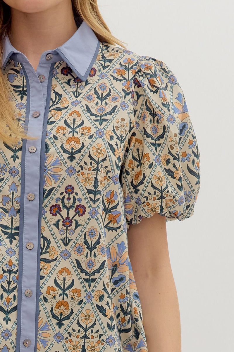 DIAMOND FLORAL BUBBLE SLEEVE TOP- BLUE