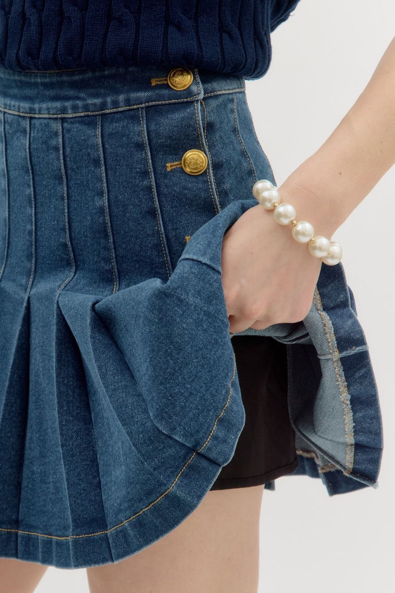 DENIM PLEATED MINI SKIRT- DENIM
