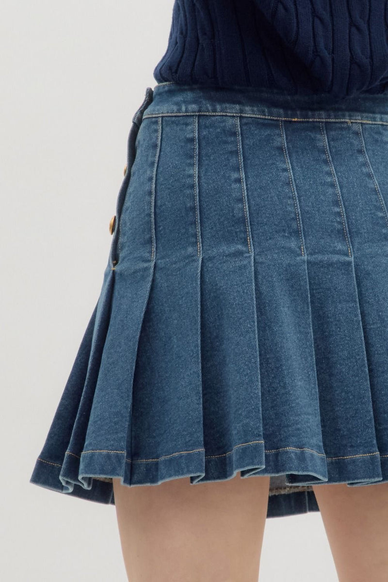 DENIM PLEATED MINI SKIRT- DENIM