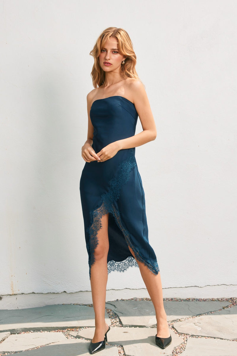 LACE STRAPLESS SLIT DRESS- EMERALD TEAL