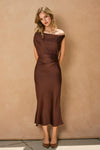 SATIN OFF SHOULDER MIDI DRESS- RUM