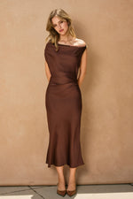 SATIN OFF SHOULDER MIDI DRESS- RUM