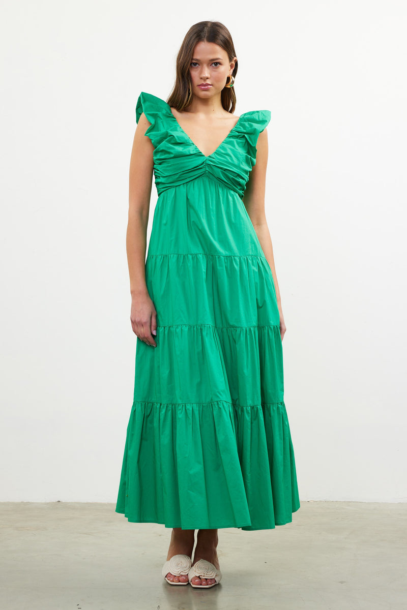 POPLIN V NECK SHIRRED MAXI DRESS- GREEN