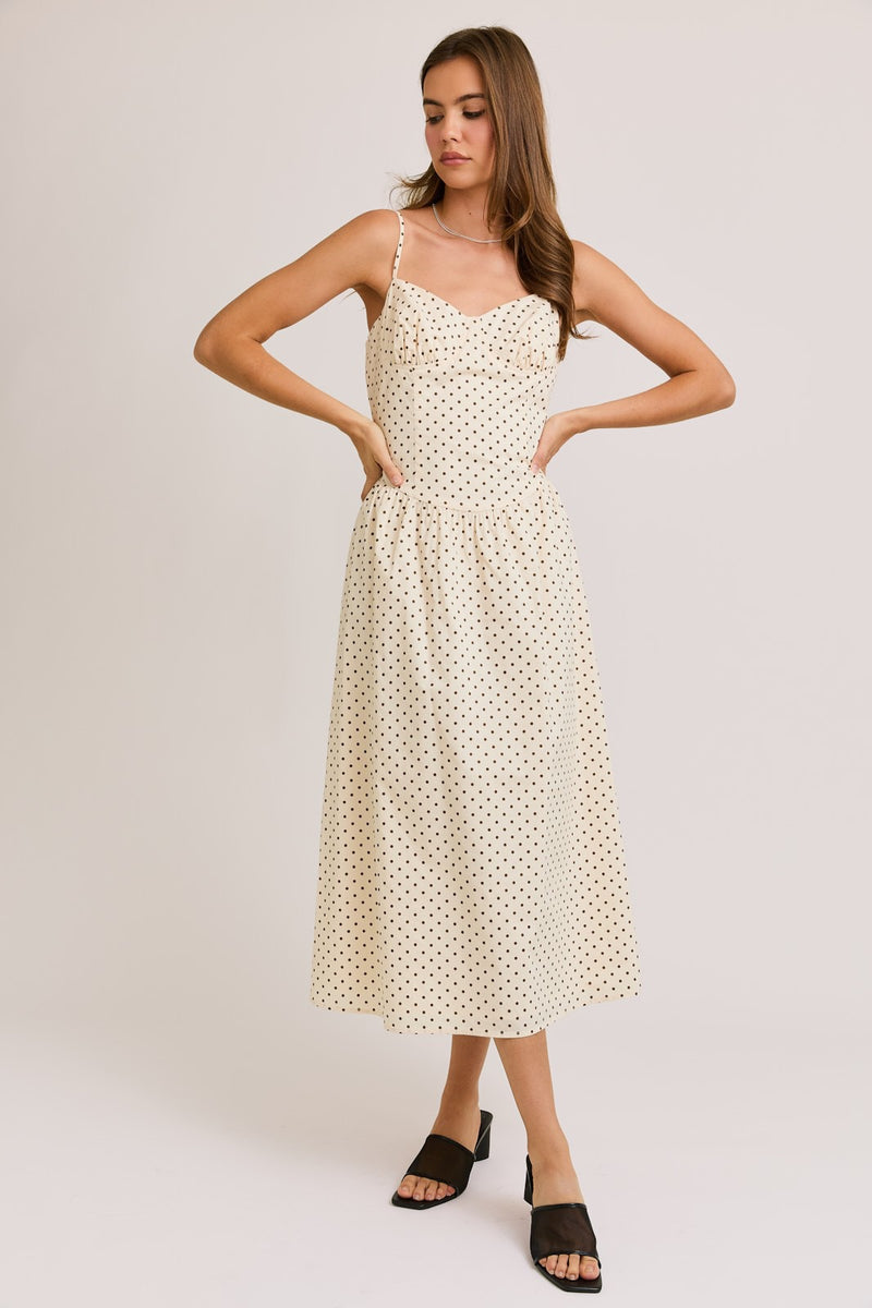 DOTTED MIDI CAMI DRESS- BROWN/CREAM