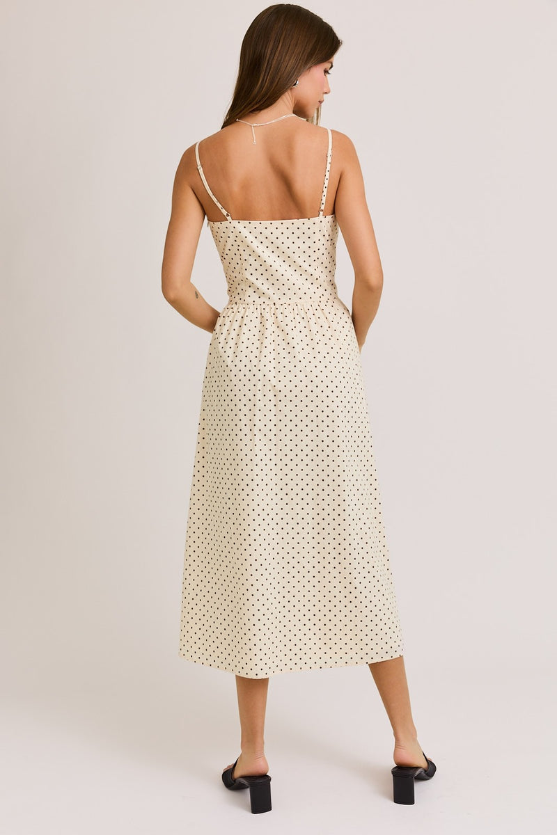 DOTTED MIDI CAMI DRESS- BROWN/CREAM