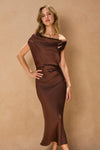 SATIN OFF SHOULDER MIDI DRESS- RUM