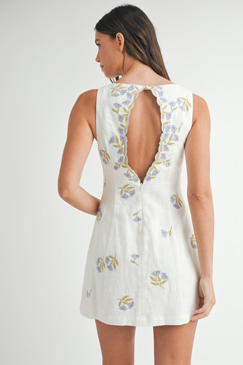 FLORAL EMBROIDERY MINI DRESS- WHITE
