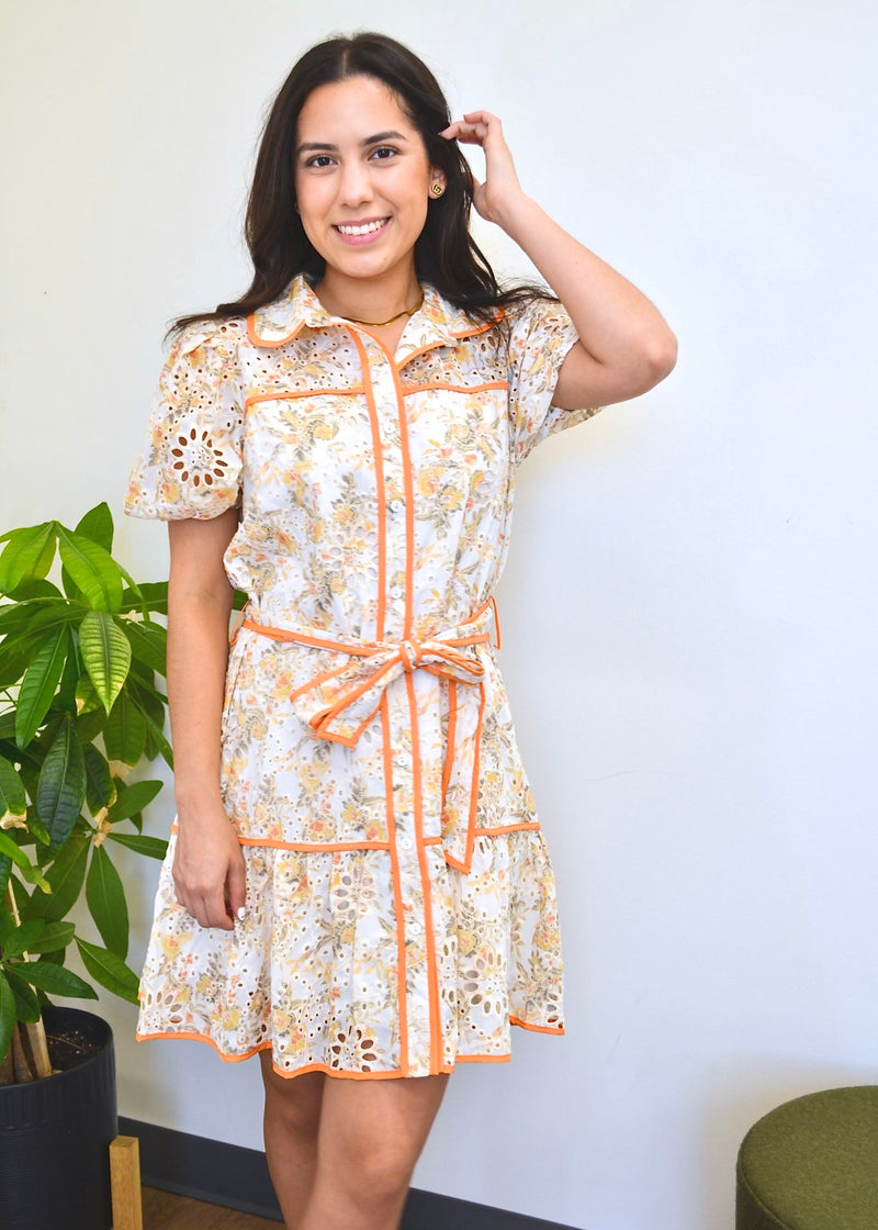 FLORAL EYELET CONSTRAST TRIM DRESS- GOLD/CITRUS