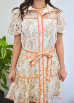 FLORAL EYELET CONSTRAST TRIM DRESS- GOLD/CITRUS