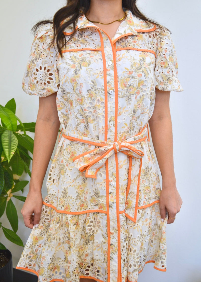 FLORAL EYELET CONSTRAST TRIM DRESS- GOLD/CITRUS