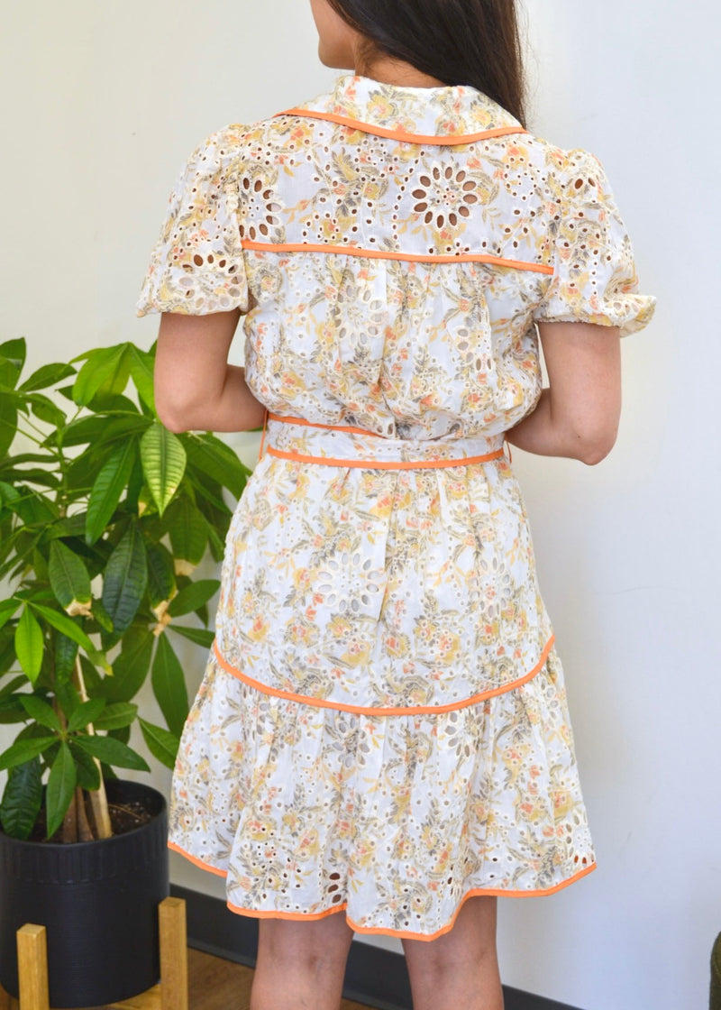 FLORAL EYELET CONSTRAST TRIM DRESS- GOLD/CITRUS
