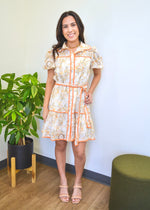 FLORAL EYELET CONSTRAST TRIM DRESS- GOLD/CITRUS