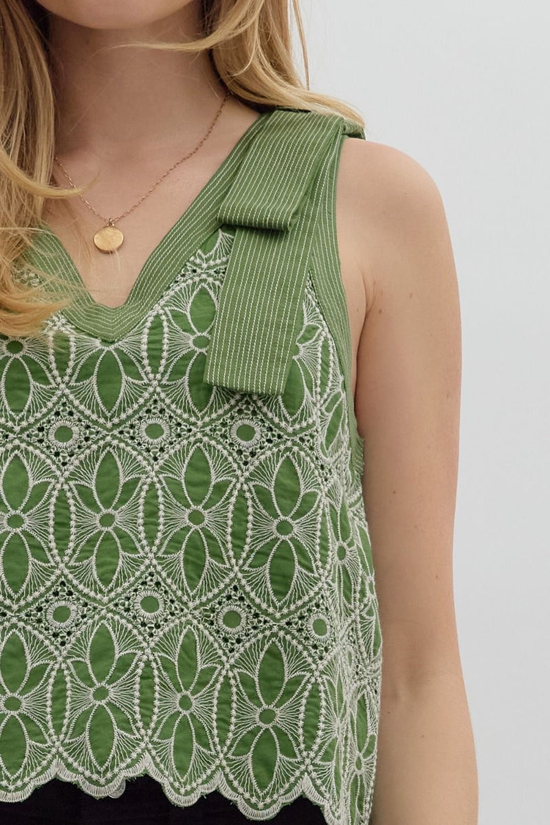 FLORAL EMBROIDERED STITCHED TANK- GREEN