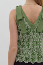 FLORAL EMBROIDERED STITCHED TANK- GREEN