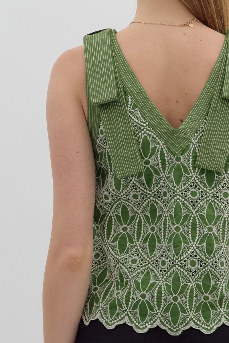 FLORAL EMBROIDERED STITCHED TANK- GREEN