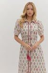 FLORAL PUFF SHOULDER MIDI SHIRT DRESS- CREAM