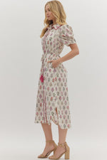 FLORAL PUFF SHOULDER MIDI SHIRT DRESS- CREAM