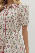 FLORAL PUFF SHOULDER MIDI SHIRT DRESS- CREAM