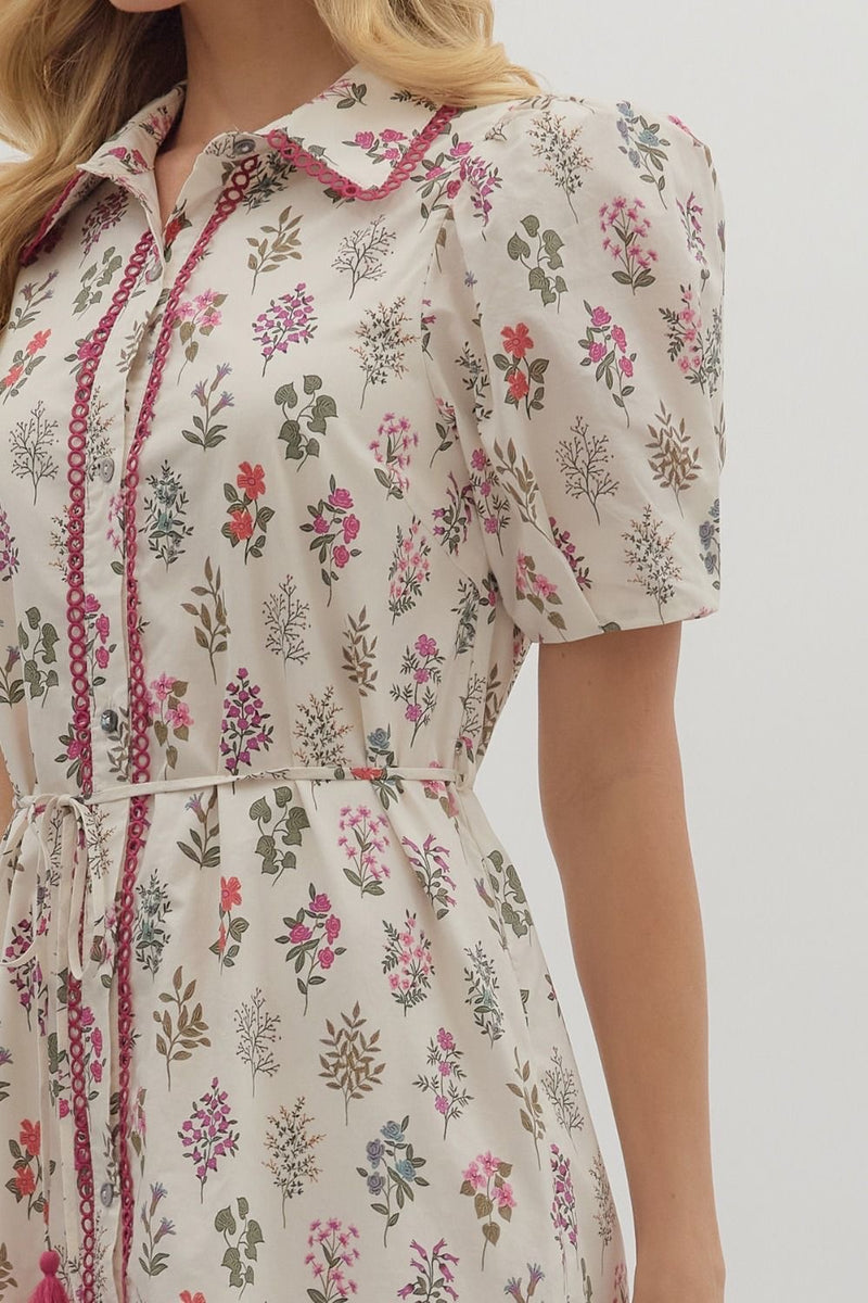FLORAL PUFF SHOULDER MIDI SHIRT DRESS- CREAM