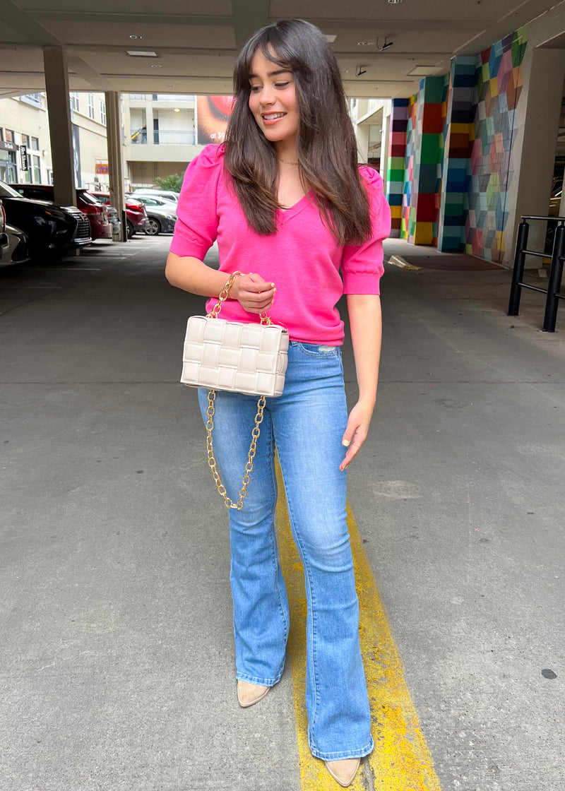 CHARMAINE PUFF SHOULDER SWEATER- FUCHSIA