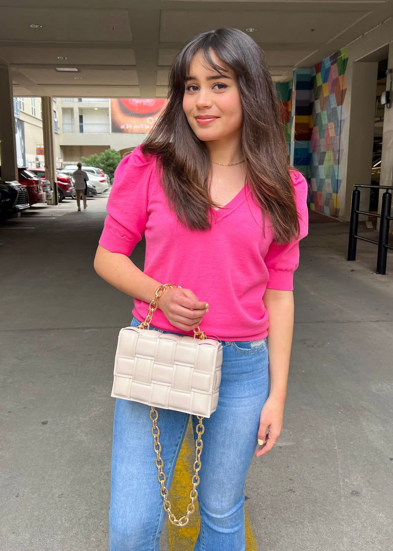 CHARMAINE PUFF SHOULDER SWEATER- FUCHSIA