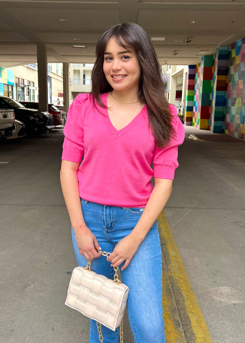 CHARMAINE PUFF SHOULDER SWEATER- FUCHSIA
