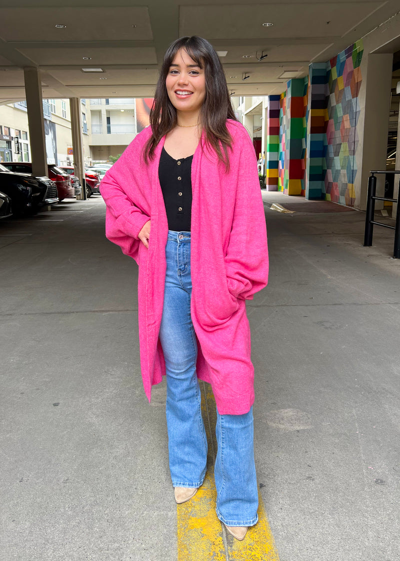 GEORGIA LONG KNIT CARDIGAN- HOT PINK