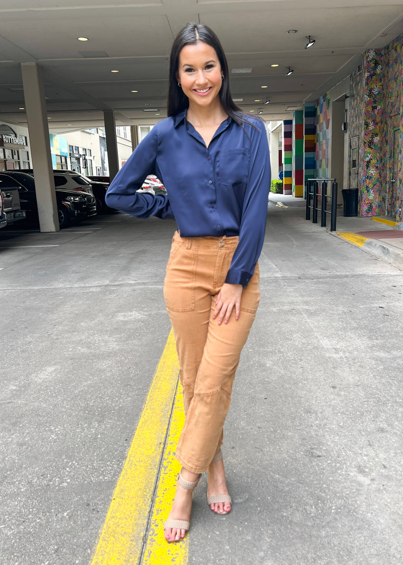 SATIN BUTTONDOWN BLOUSE- NAVY